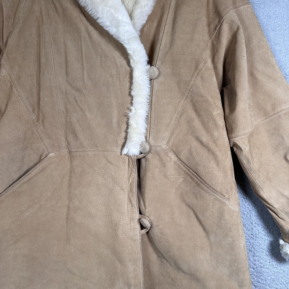Boundary Waters Coat Womens Large Tan Suede Leather Faux Shearling Shawl Collar - Picture 9 of 16